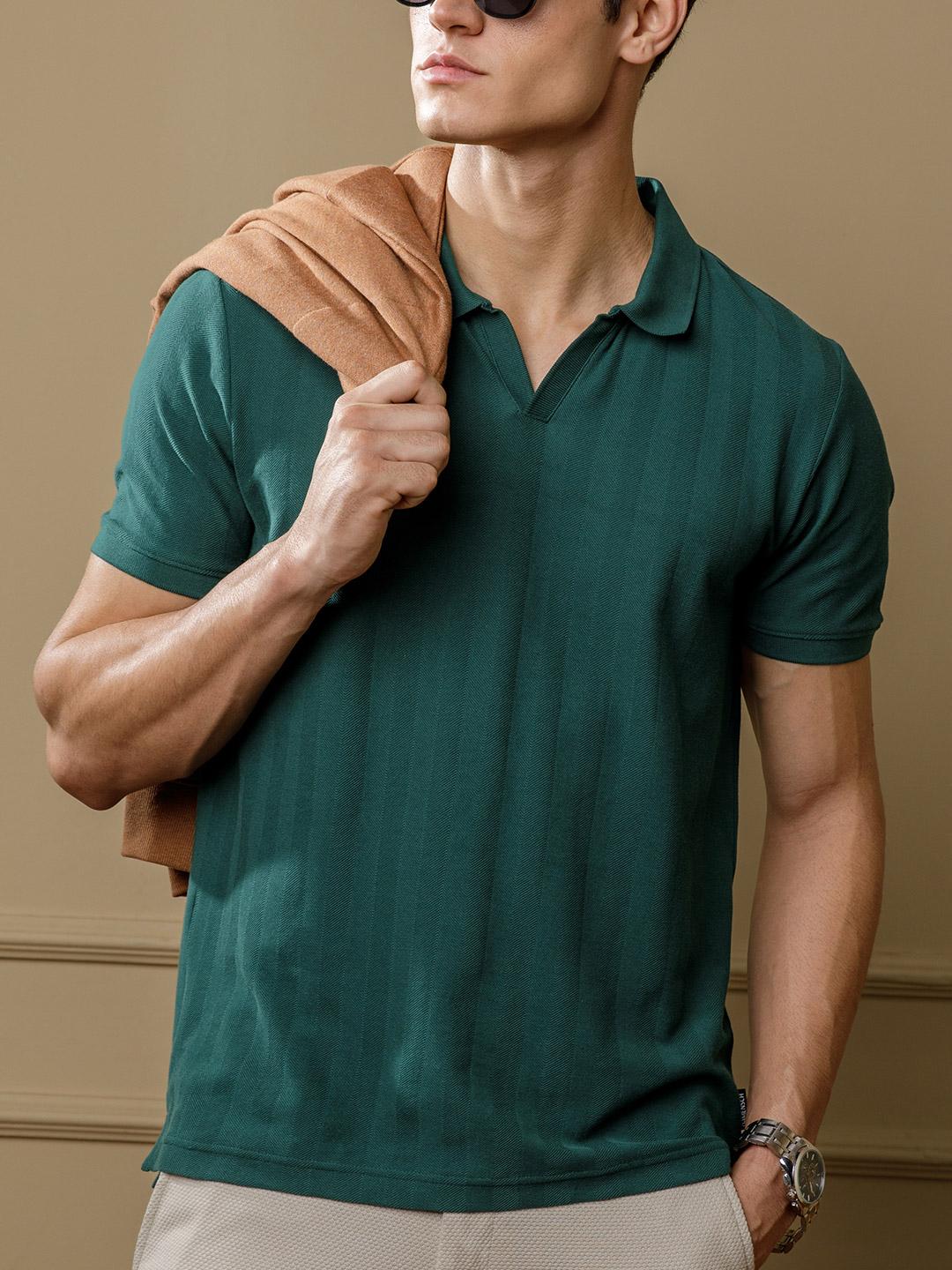 Statement Herringbone Johnny Collar Polo – Emerald Green